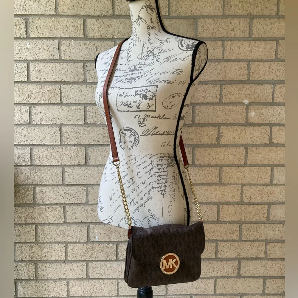 Michael Kors Brown Fulton Flap Gusset Crossbody Brown Envelope Purse Gold Chain